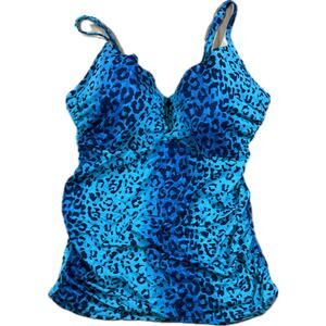 Swim by Cacique Women’s 42G Blue Leopard Tankini Top Ruching Supportive Swimwear